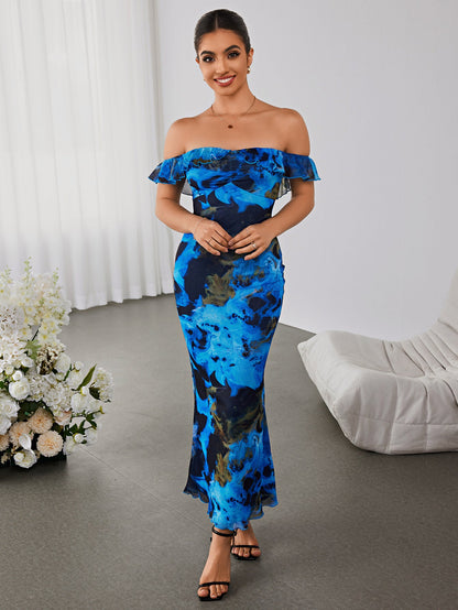 Off Shoulder Floral Mesh Mermaid Dress