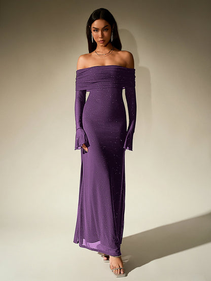 Off Shoulder Flounce Sleeve Mesh Sequin Dress