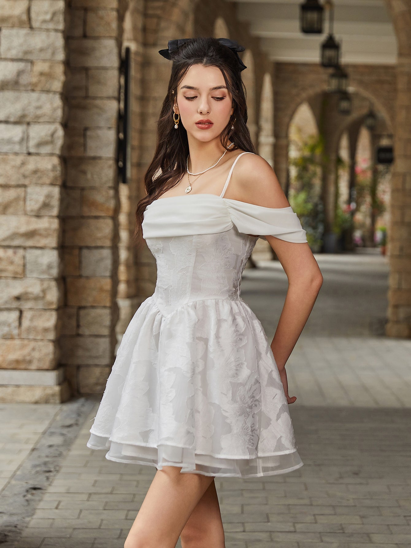 Off Shoulder Jacquard Crisscross Tie Back Cami Dress