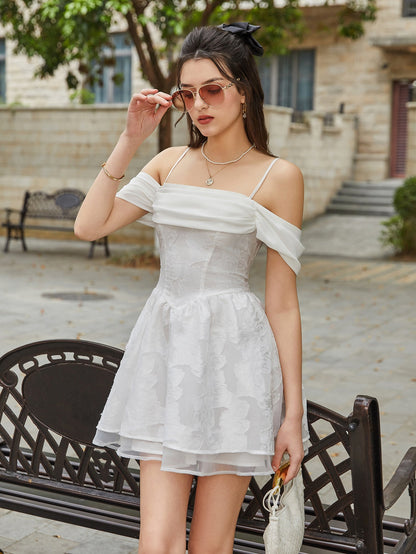 Off Shoulder Jacquard Crisscross Tie Back Cami Dress