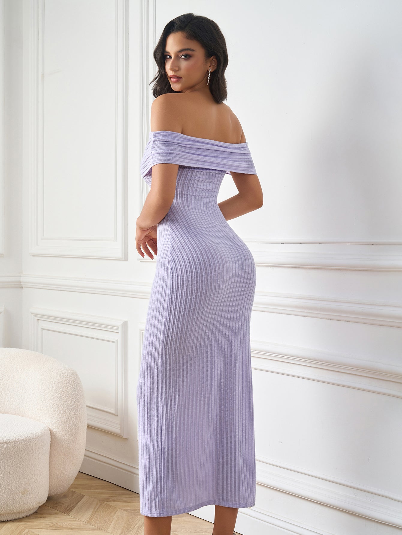 Off Shoulder Knitted Bodycon Solid Dress