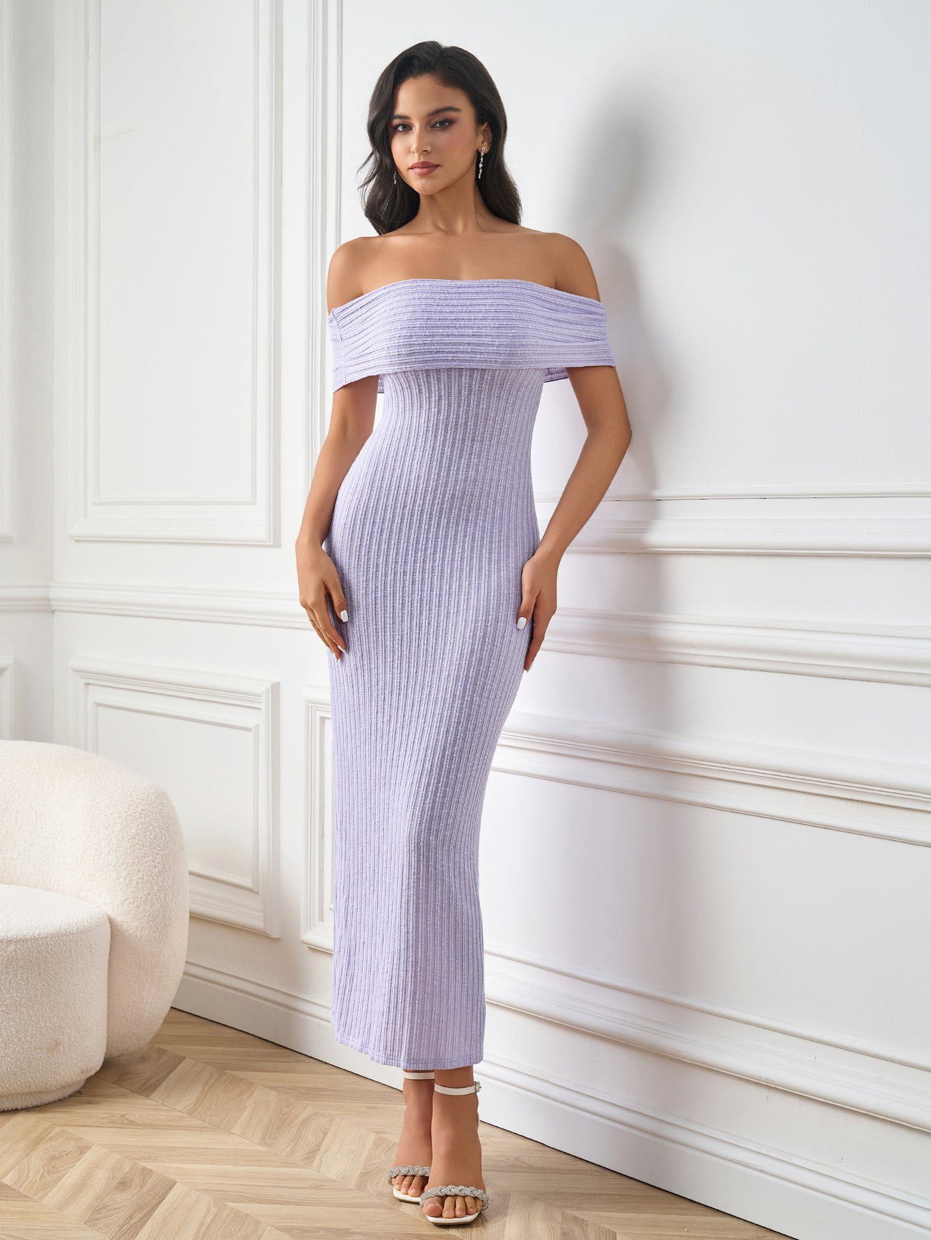 Off Shoulder Knitted Bodycon Solid Dress