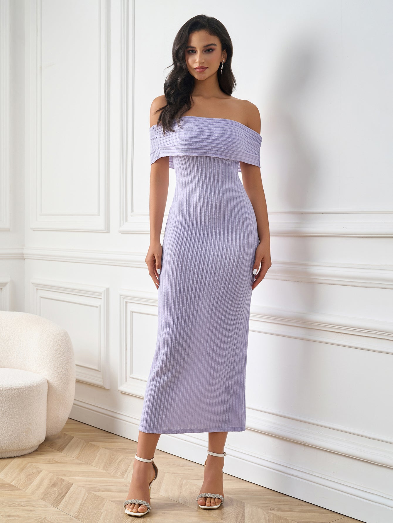 Off Shoulder Knitted Bodycon Solid Dress