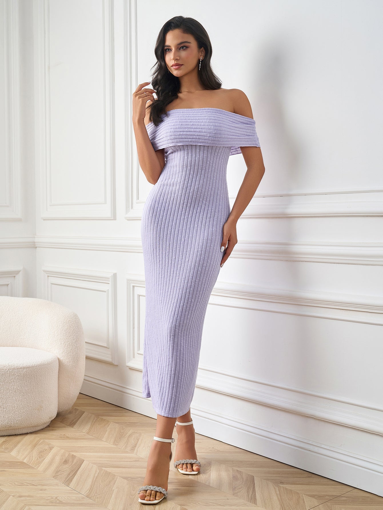 Off Shoulder Knitted Bodycon Solid Dress