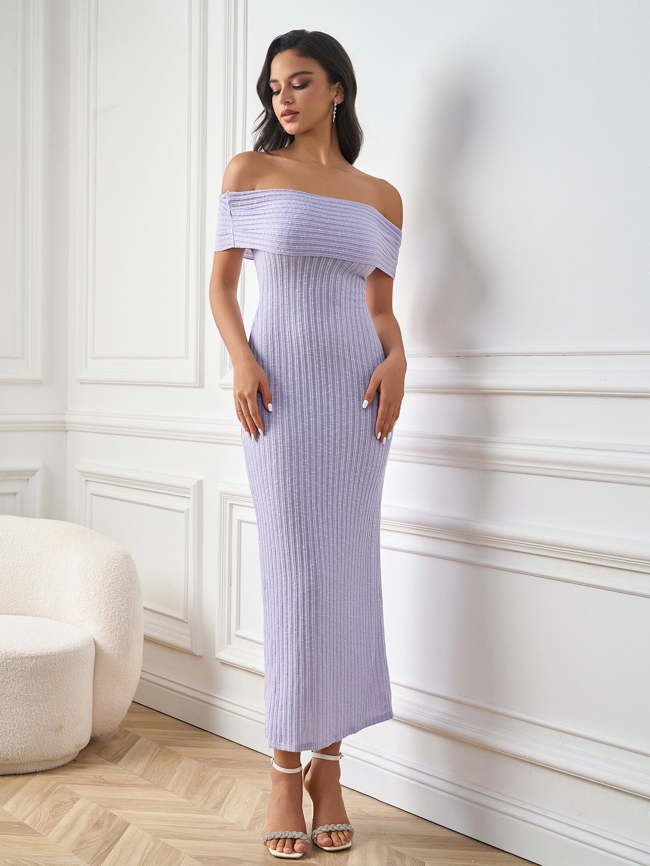 Off Shoulder Knitted Bodycon Solid Dress