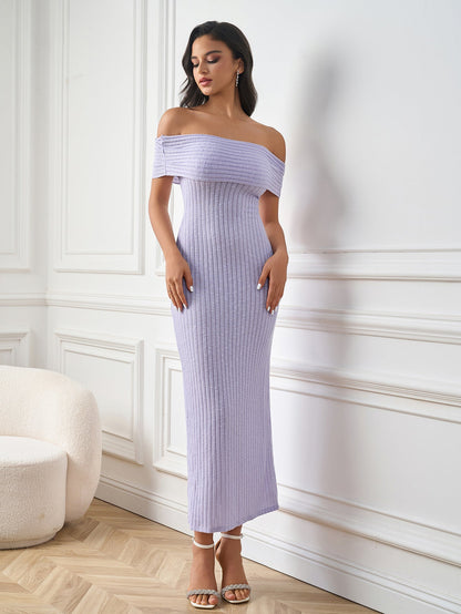Off Shoulder Knitted Bodycon Solid Dress