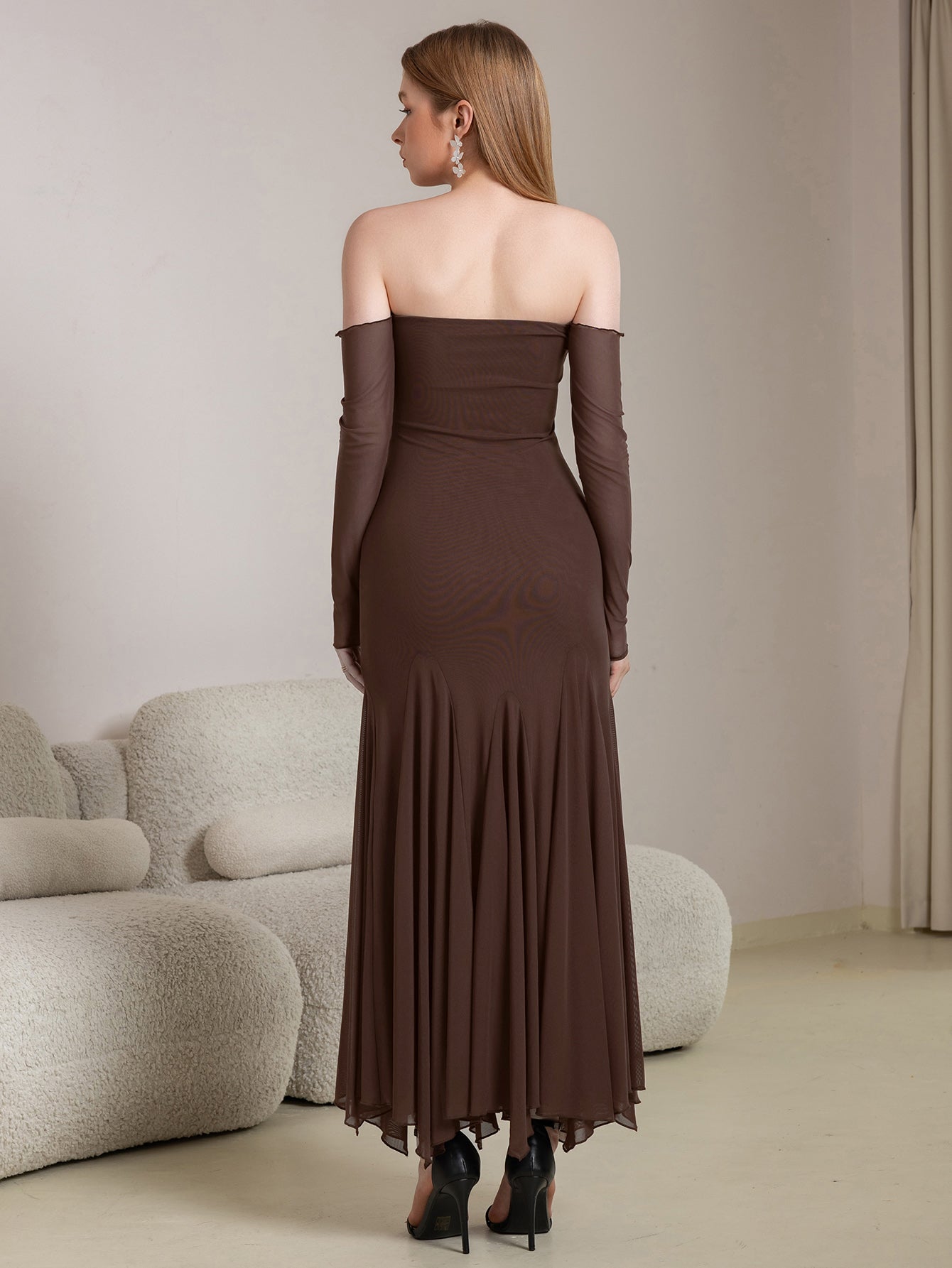 Off Shoulder Pleated Hem Mesh Bodycon Dress
