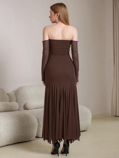 Off Shoulder Pleated Hem Mesh Bodycon Dress