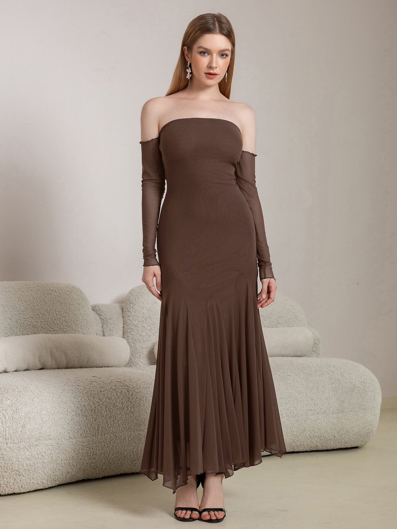 Off Shoulder Pleated Hem Mesh Bodycon Dress