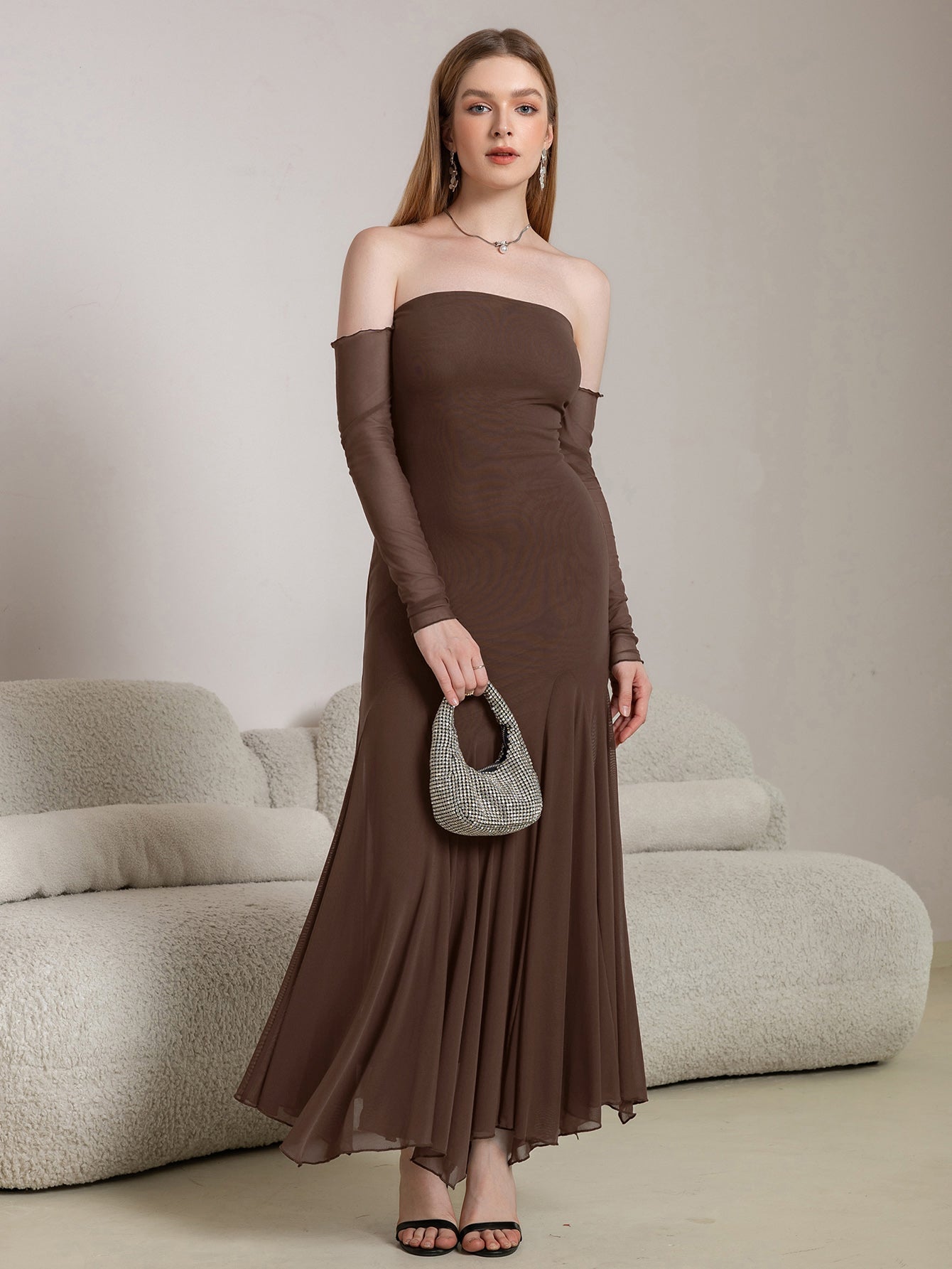 Off Shoulder Pleated Hem Mesh Bodycon Dress
