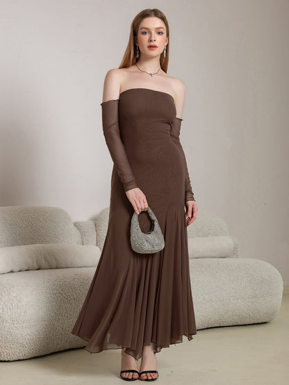 Off Shoulder Pleated Hem Mesh Bodycon Dress