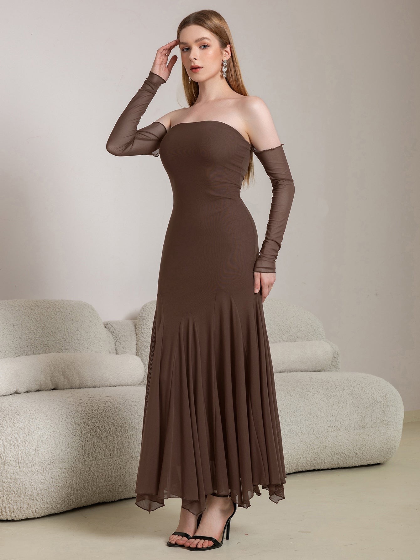 Off Shoulder Pleated Hem Mesh Bodycon Dress