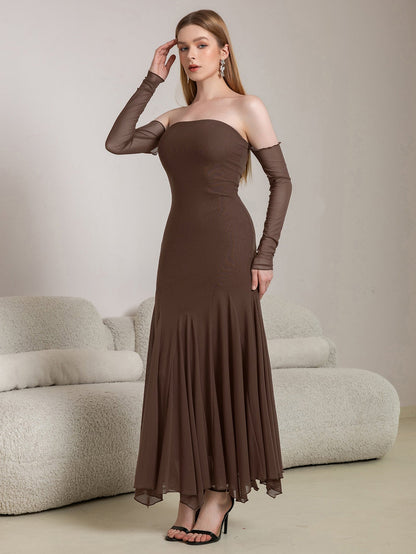 Off Shoulder Pleated Hem Mesh Bodycon Dress