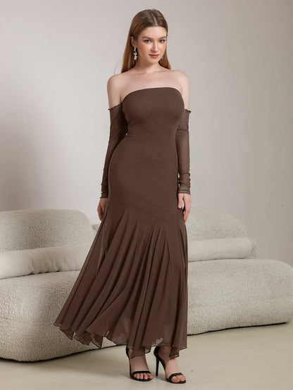 Off Shoulder Pleated Hem Mesh Bodycon Dress