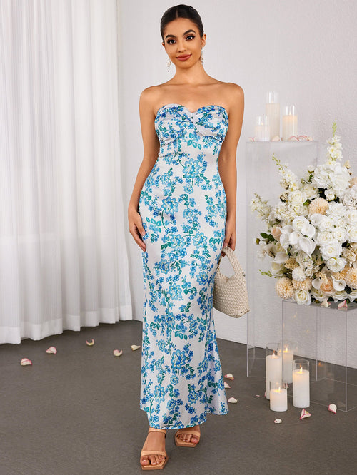 Off Shoulder Ruched Bust Floral Tube Dress