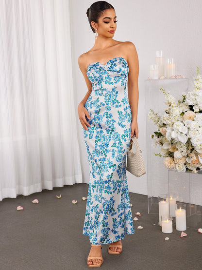 Off Shoulder Ruched Bust Floral Tube Dress
