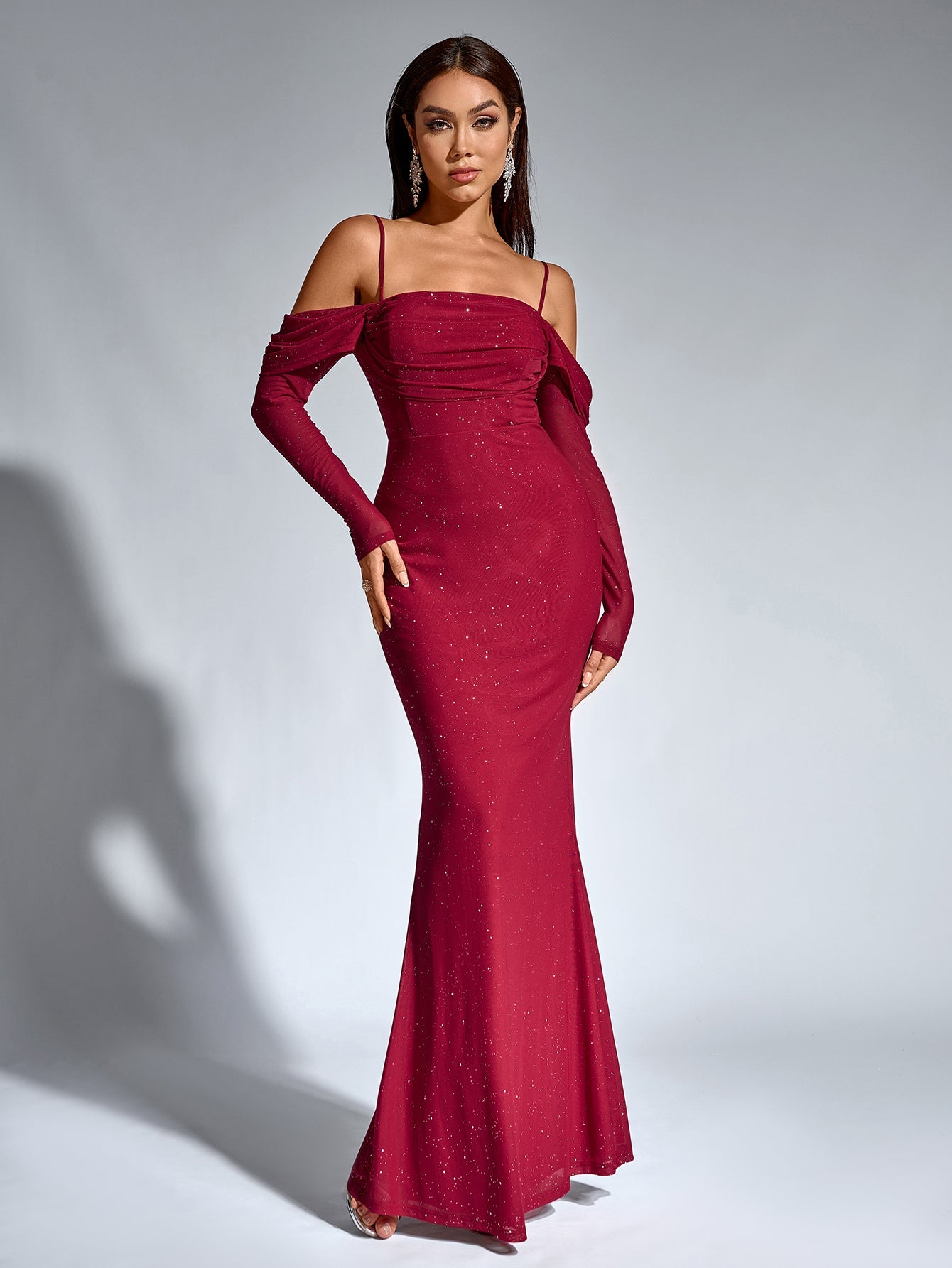 Off Shoulder Ruched Bust Mesh Sequin Mermaid Dress