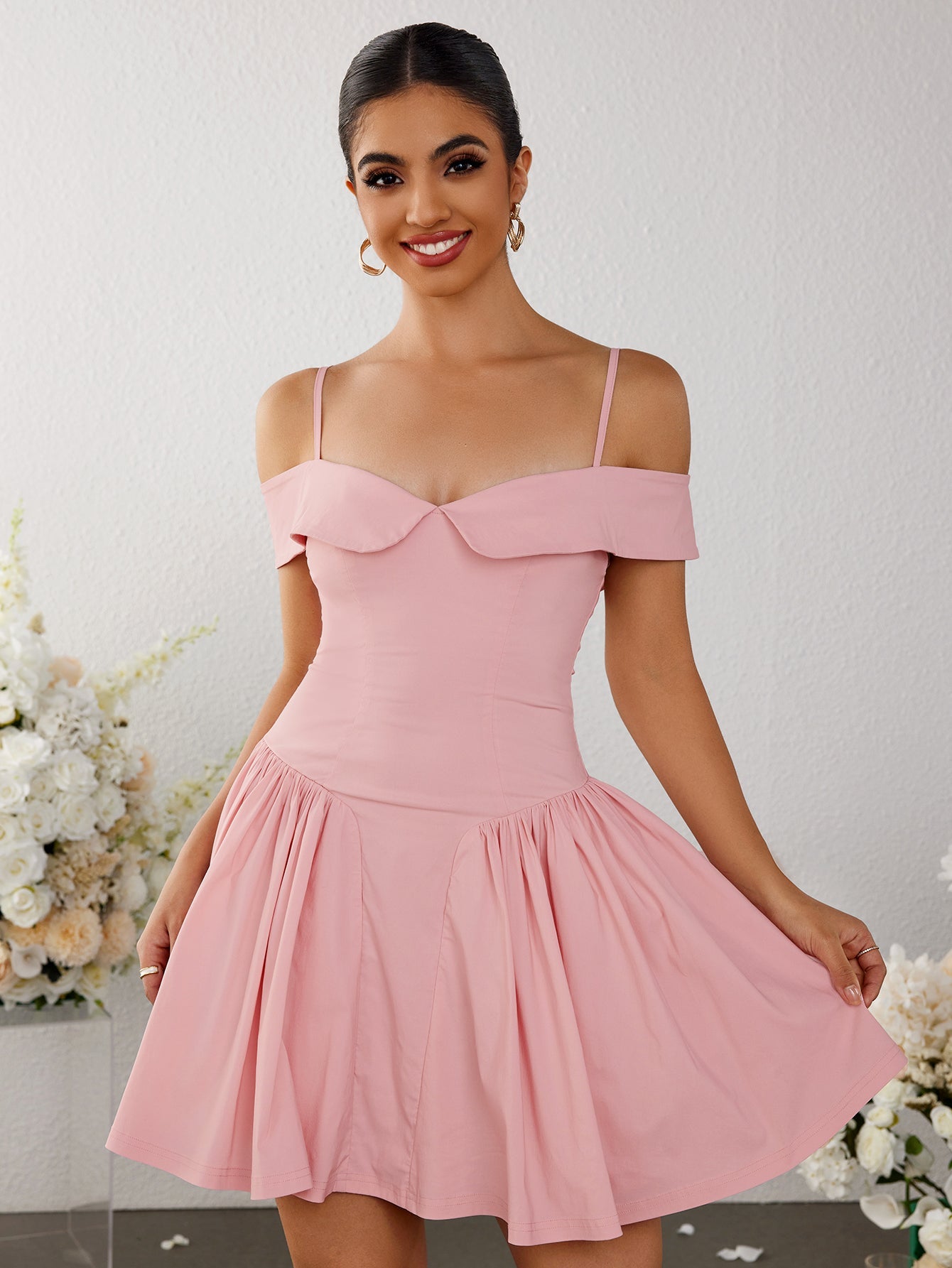 Off Shoulder Ruched Pleated Dress