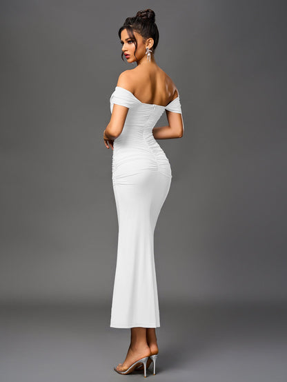 Off Shoulder Ruched Zipper Back Bodycon Dress