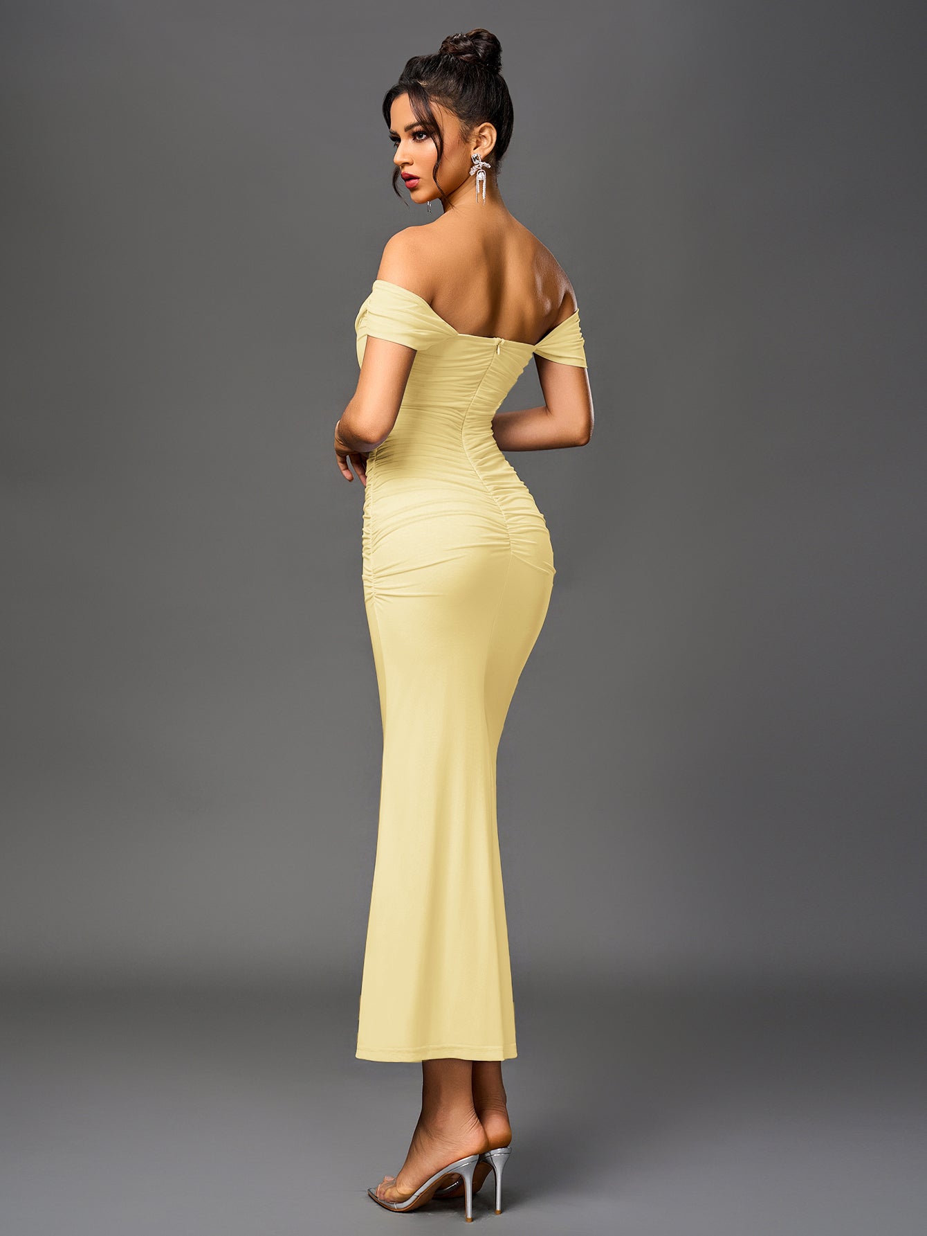 Off Shoulder Ruched Zipper Back Bodycon Dress