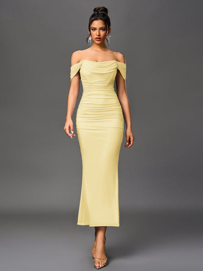 Off Shoulder Ruched Zipper Back Bodycon Dress