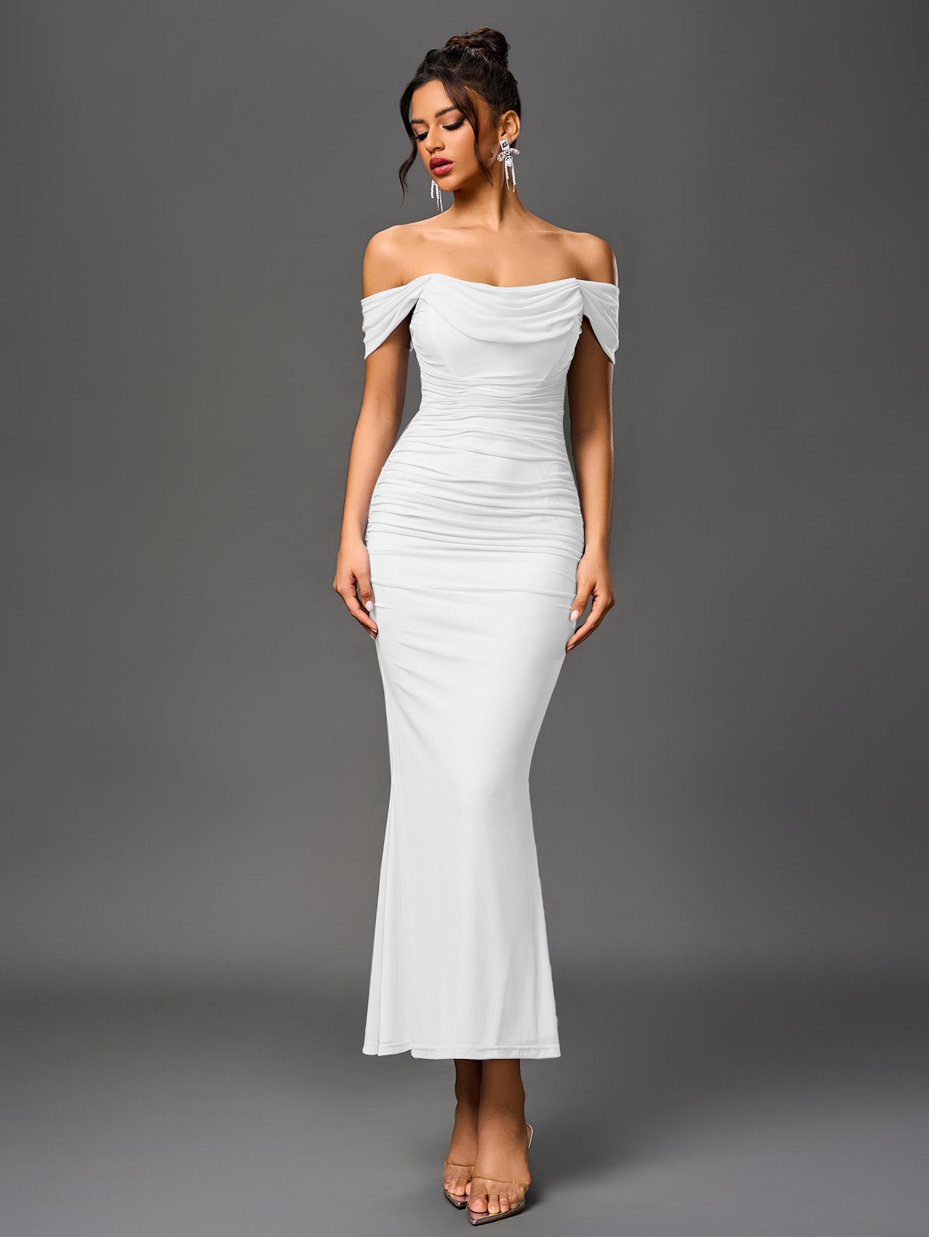 Off Shoulder Ruched Zipper Back Bodycon Dress
