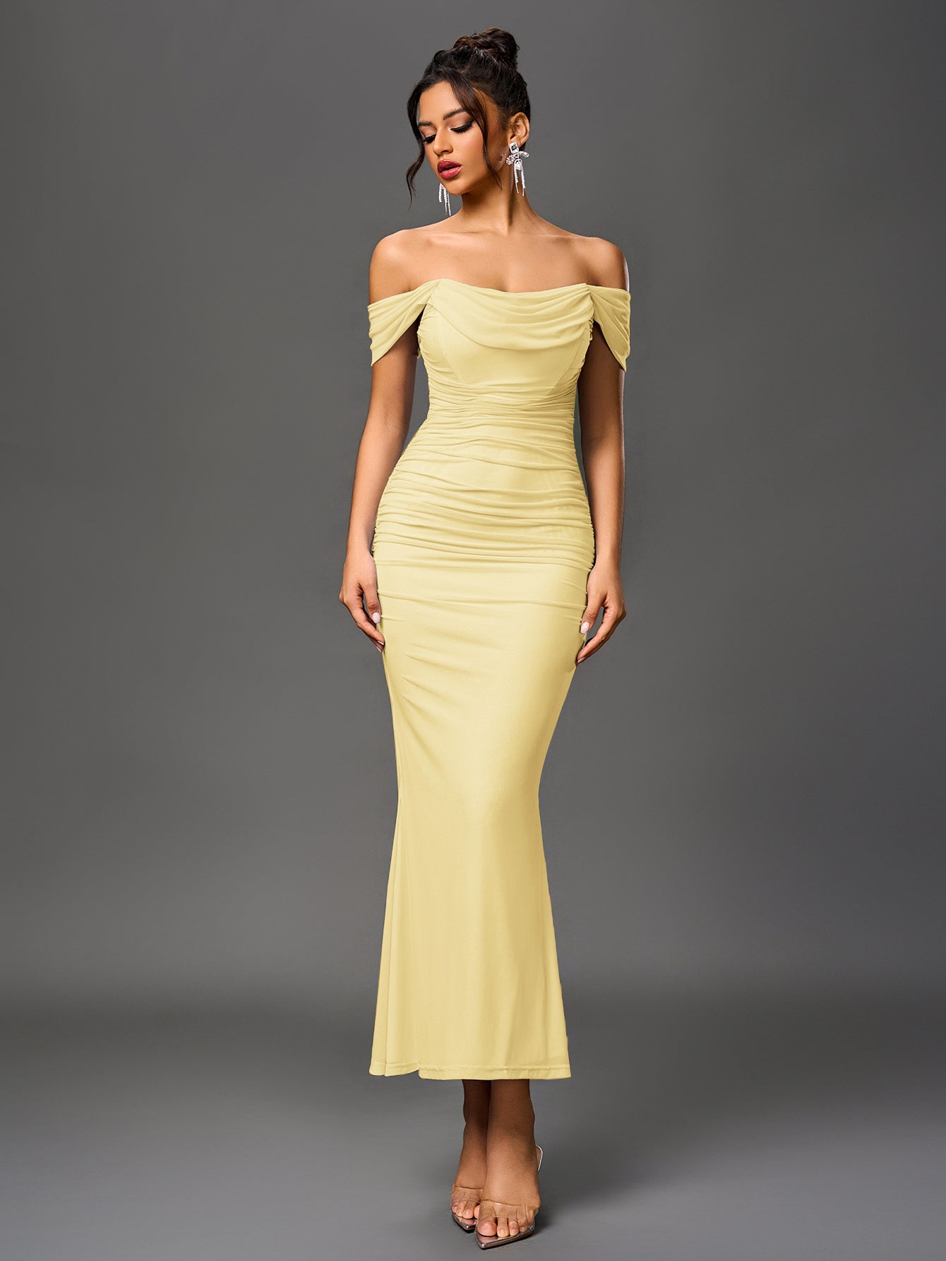 Off Shoulder Ruched Zipper Back Bodycon Dress
