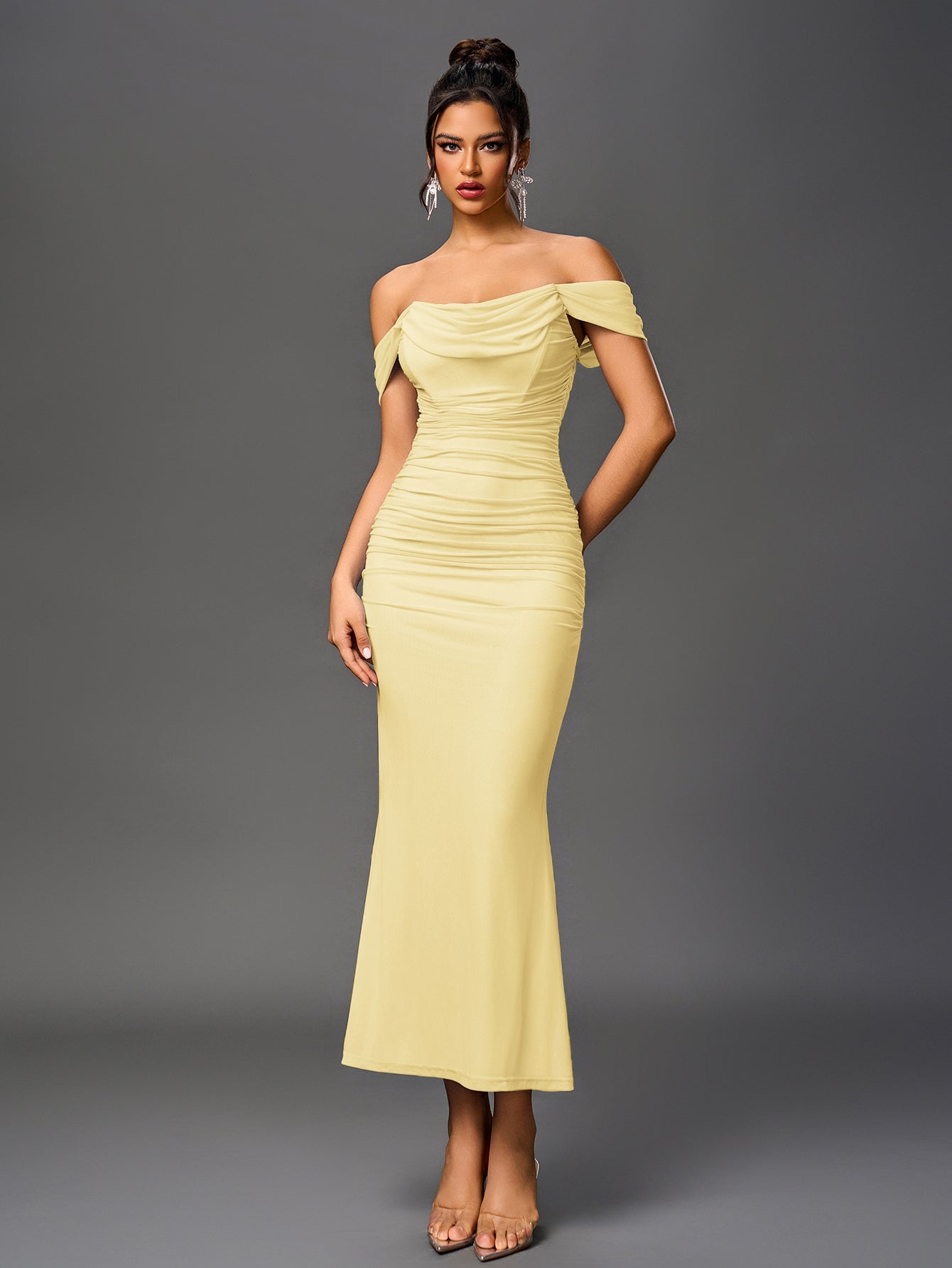Off Shoulder Ruched Zipper Back Bodycon Dress