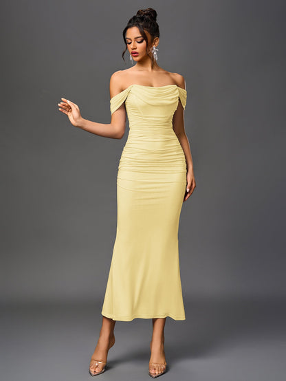 Off Shoulder Ruched Zipper Back Bodycon Dress
