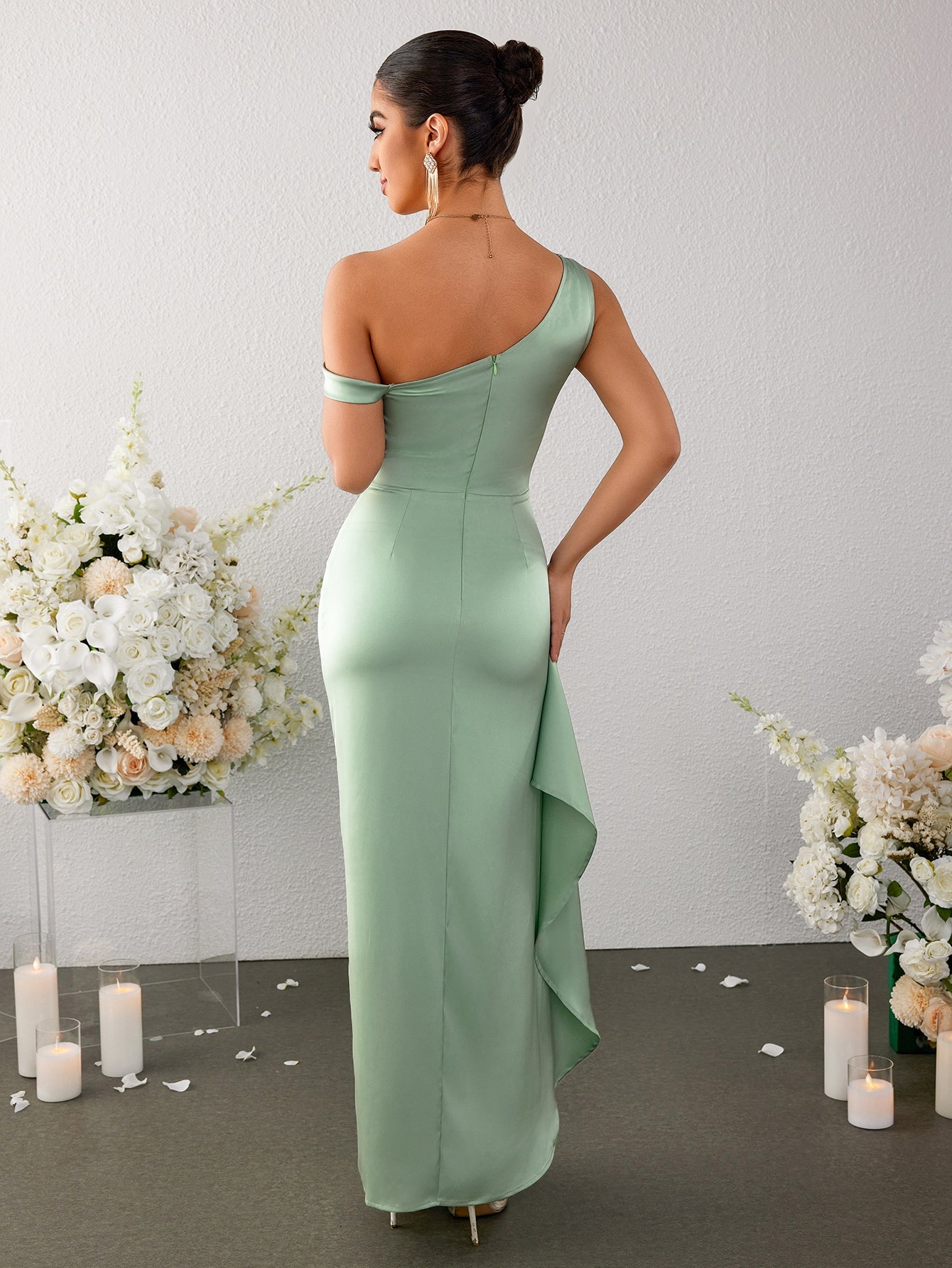 Off Shoulder Side Ruffle Slit Hem Satin Dress