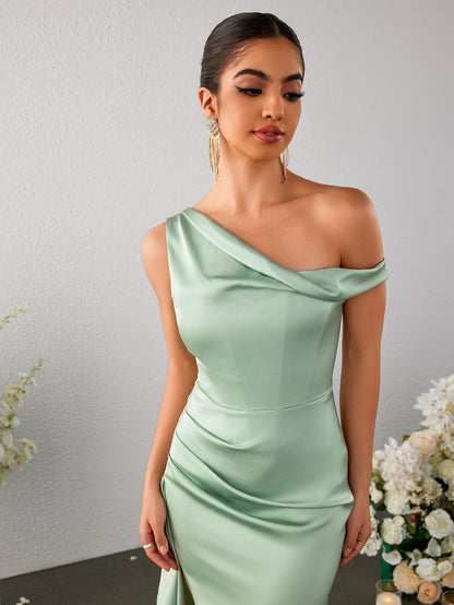 Off Shoulder Side Ruffle Slit Hem Satin Dress