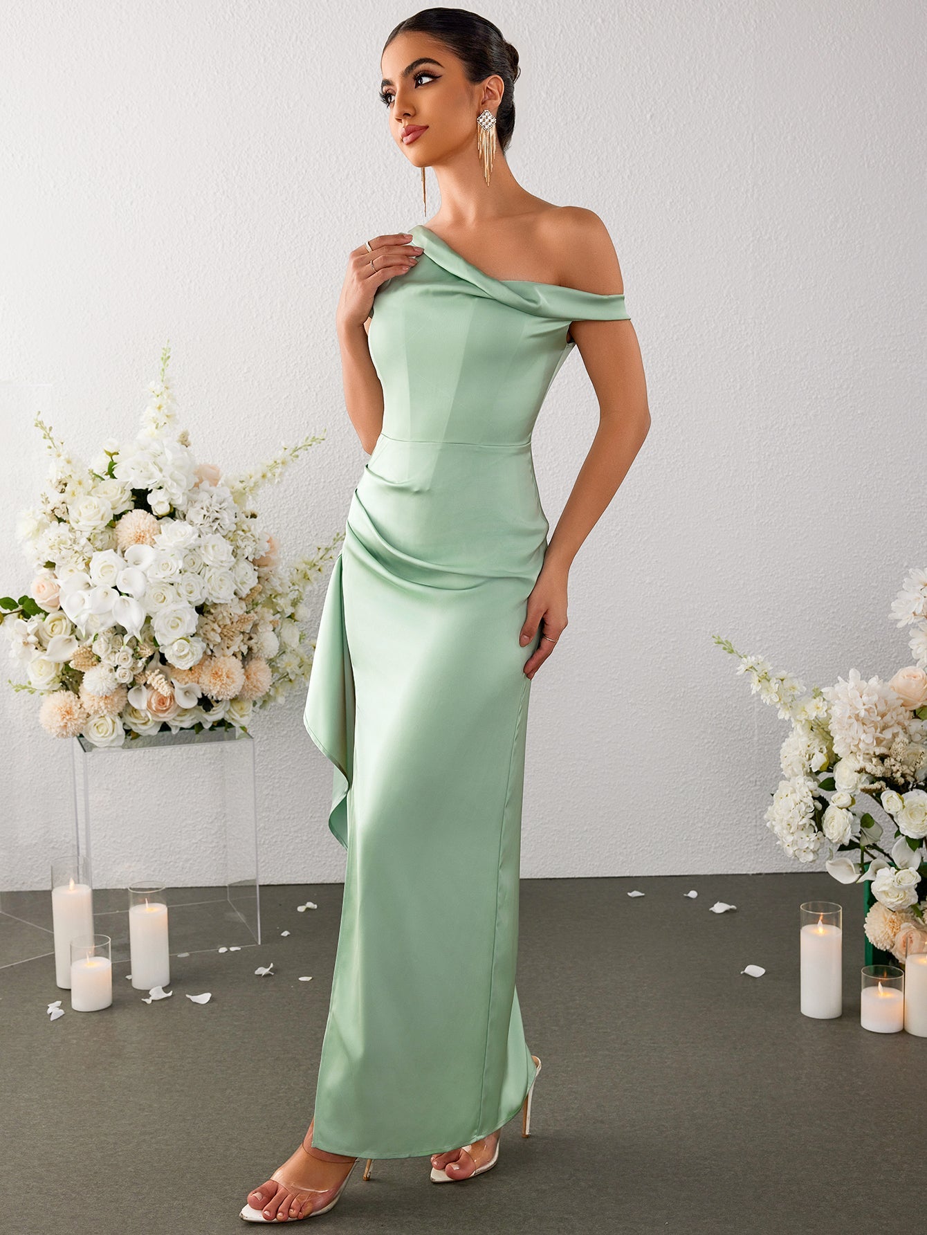 Off Shoulder Side Ruffle Slit Hem Satin Dress