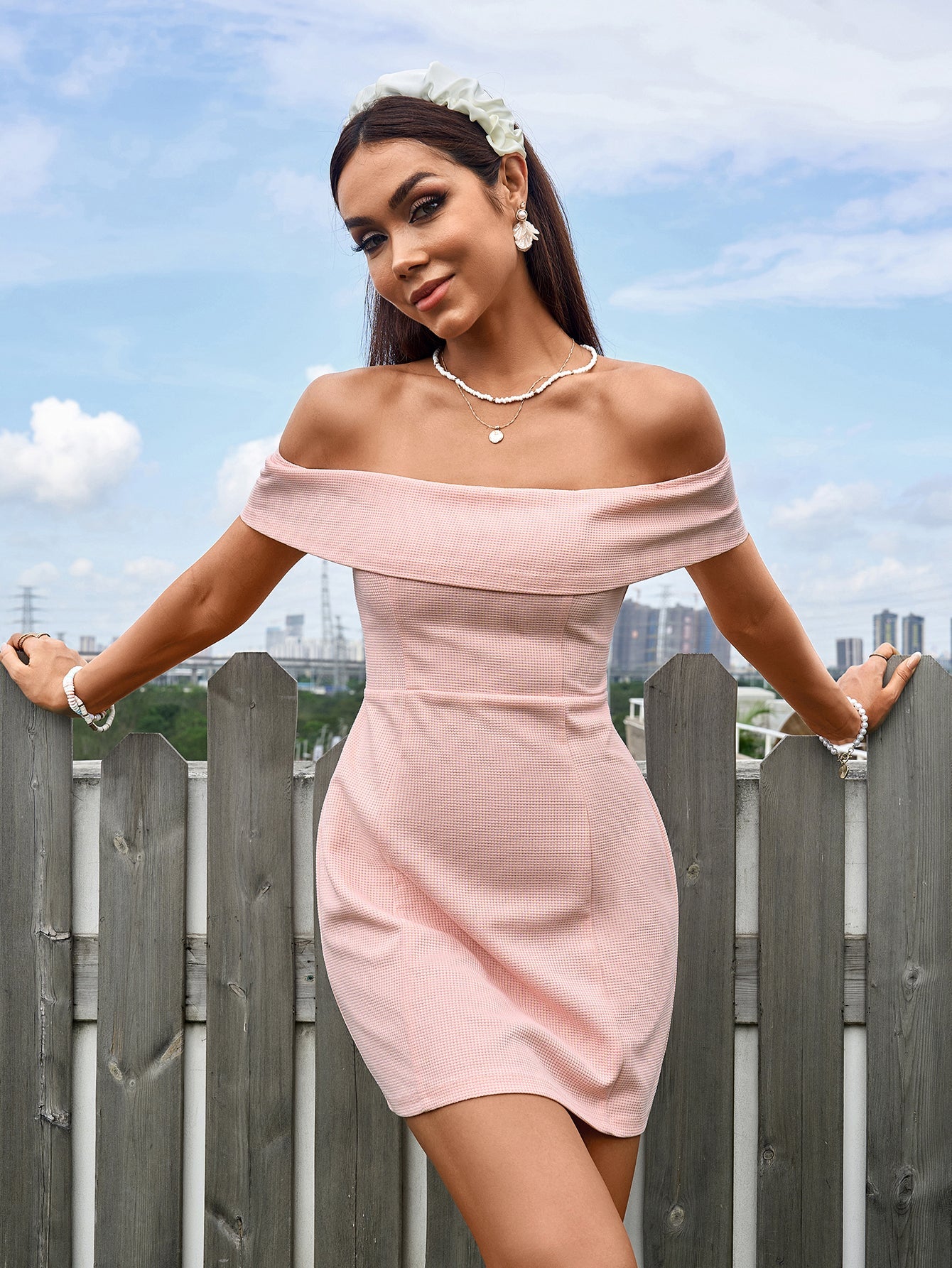 Off Shoulder Zipper Back Waffle Mini Dress