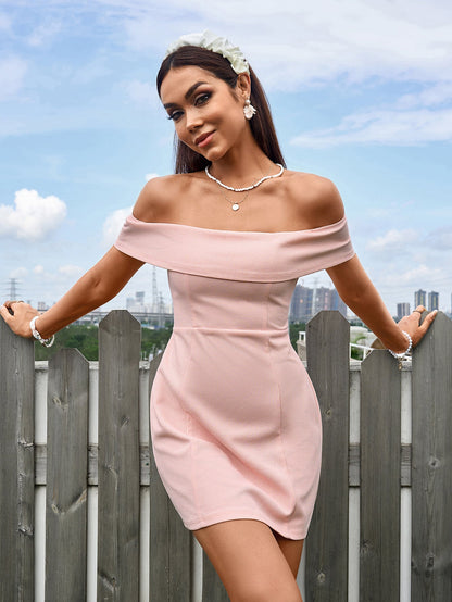 Off Shoulder Zipper Back Waffle Mini Dress