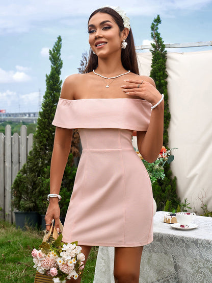 Off Shoulder Zipper Back Waffle Mini Dress