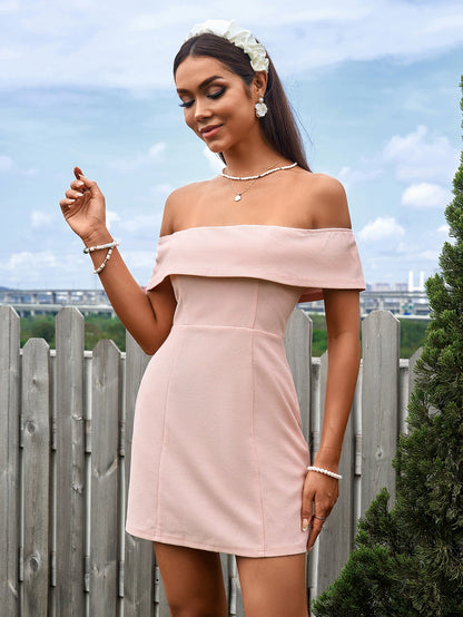 Off Shoulder Zipper Back Waffle Mini Dress