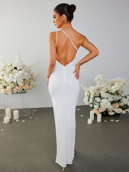 One Shoulder Backless Side Slit Hem Dress