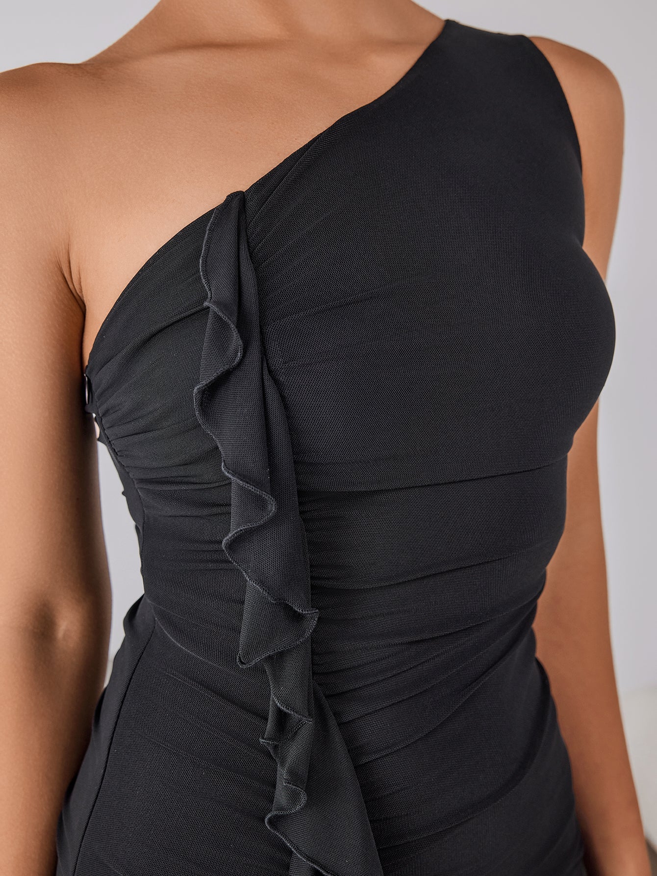One Shoulder Embellished Ruched Asymmetrical Hem Dress