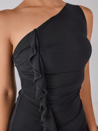One Shoulder Embellished Ruched Asymmetrical Hem Dress