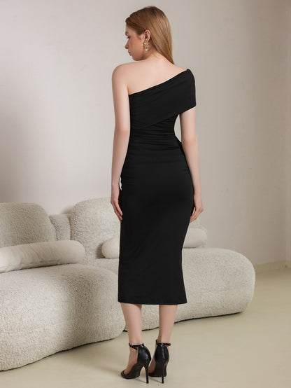 One Shoulder Ruched Solid Midi Dress