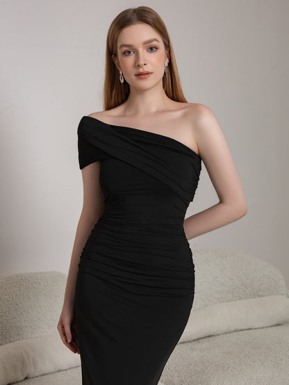One Shoulder Ruched Solid Midi Dress