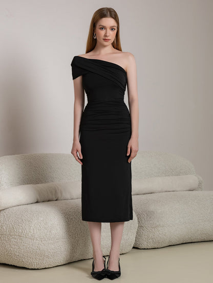 One Shoulder Ruched Solid Midi Dress