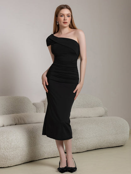 One Shoulder Ruched Solid Midi Dress