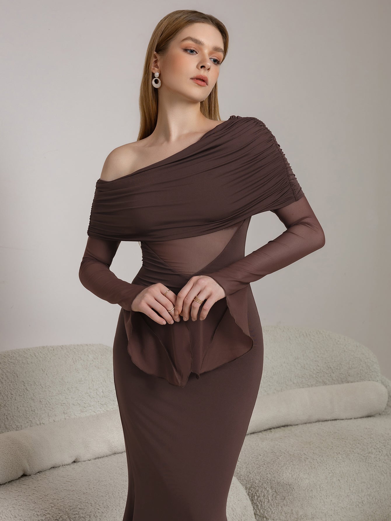 One Shoulder Spliced Ruched Trim Mermaid Mesh Dress