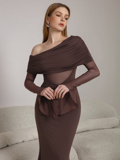 One Shoulder Spliced Ruched Trim Mermaid Mesh Dress