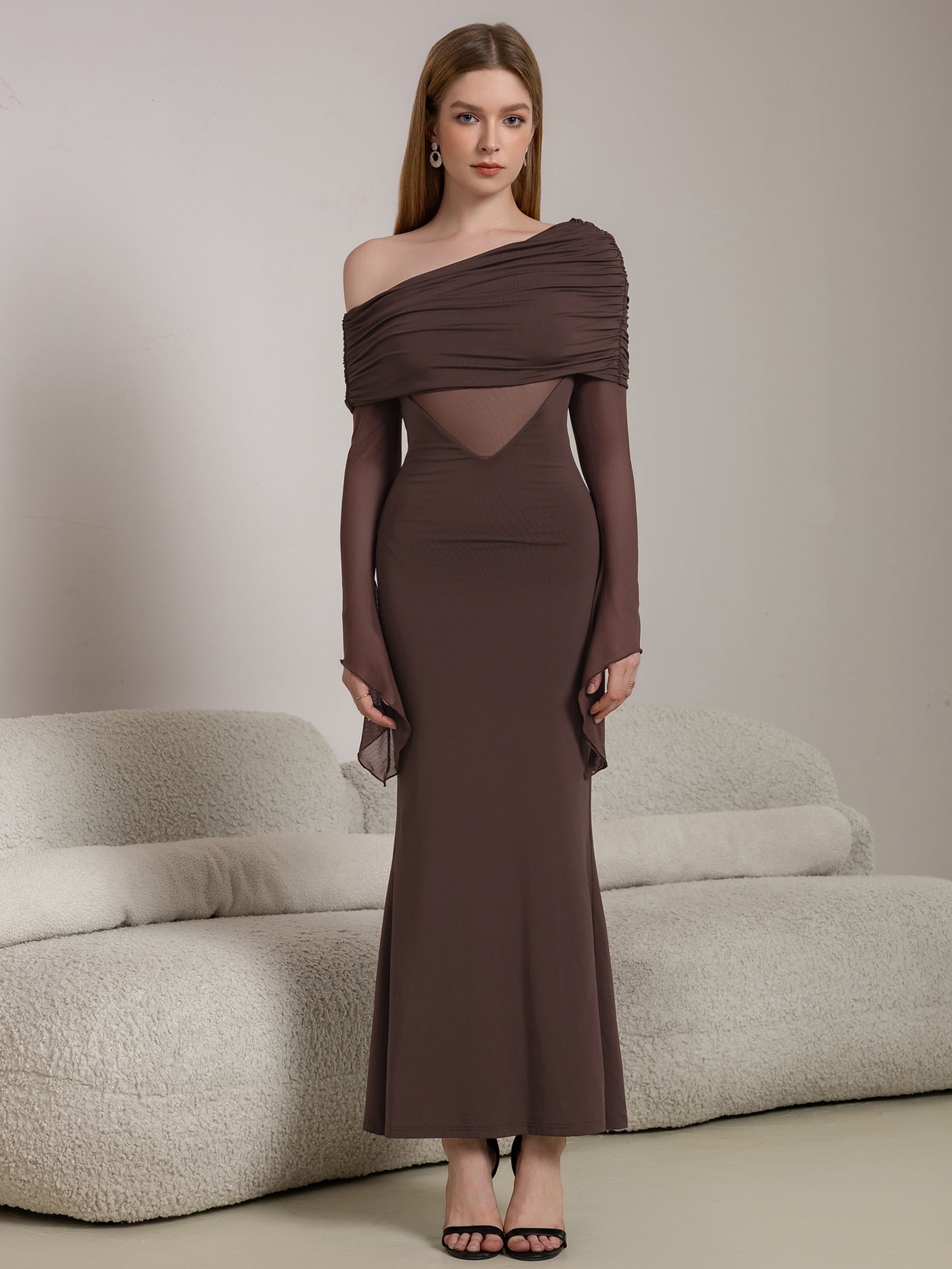 One Shoulder Spliced Ruched Trim Mermaid Mesh Dress
