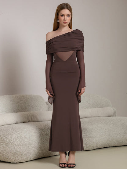 One Shoulder Spliced Ruched Trim Mermaid Mesh Dress