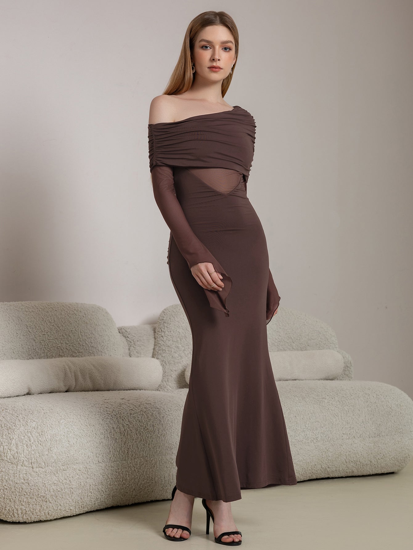 One Shoulder Spliced Ruched Trim Mermaid Mesh Dress