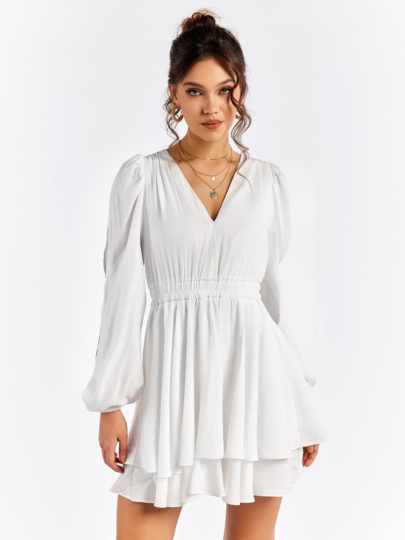 Openwork Sleeve V-Neck Tiered Mini Dress