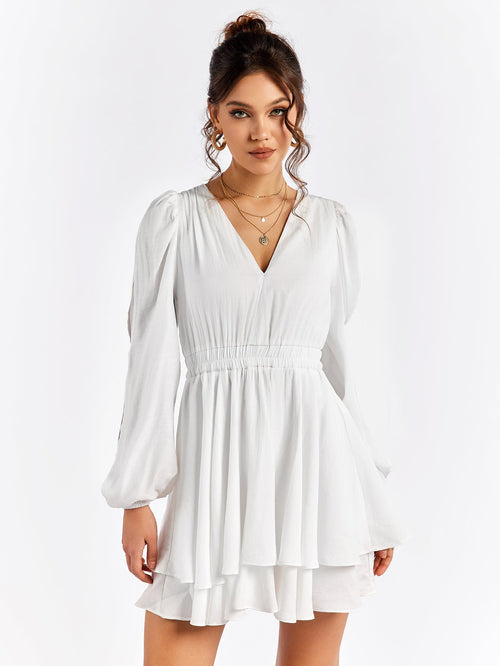 Openwork Sleeve V-Neck Tiered Mini Dress
